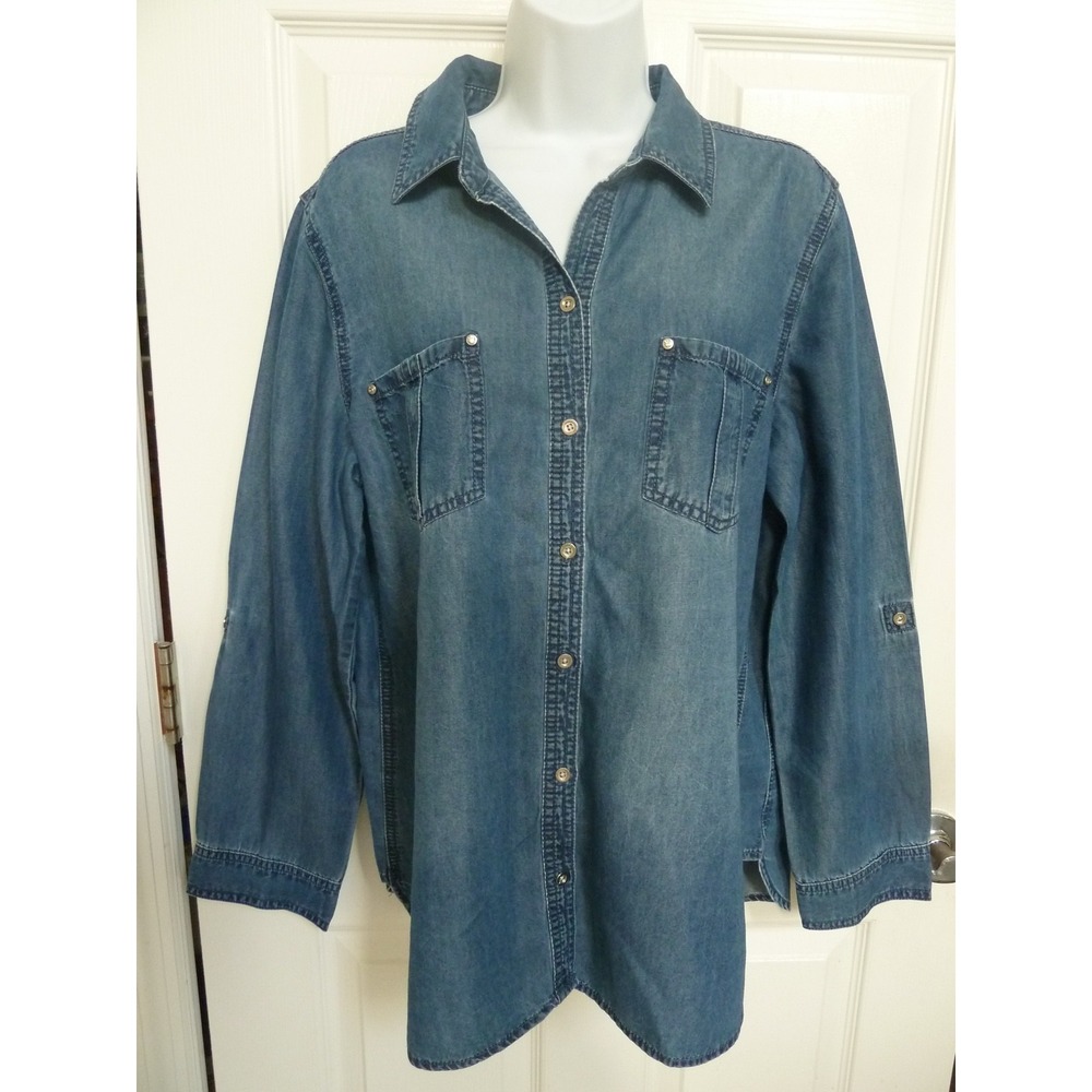 Chico's Size 2 Large Western Cowgirl Roll-Tab Blouse Denim Blue Cotton Tencel